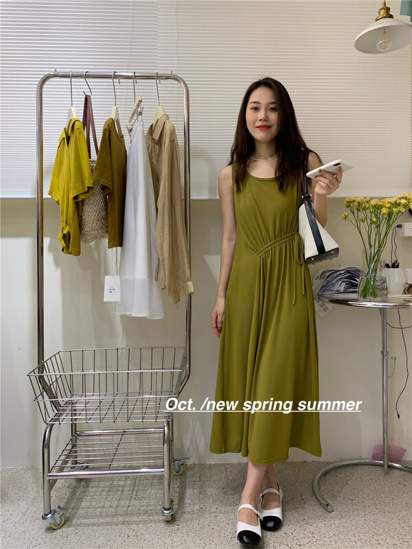 [OCT] Korean lady round neck drawstring vest dress 1611\hjy