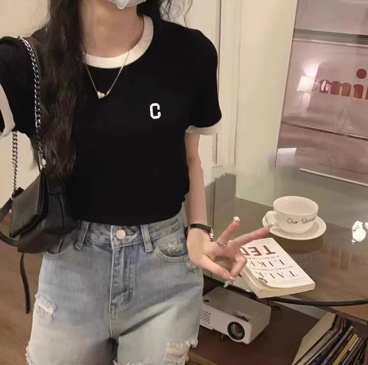 [blue show] Korean embroidered letter color blocking short sleeve T-shirt 01031\lsw