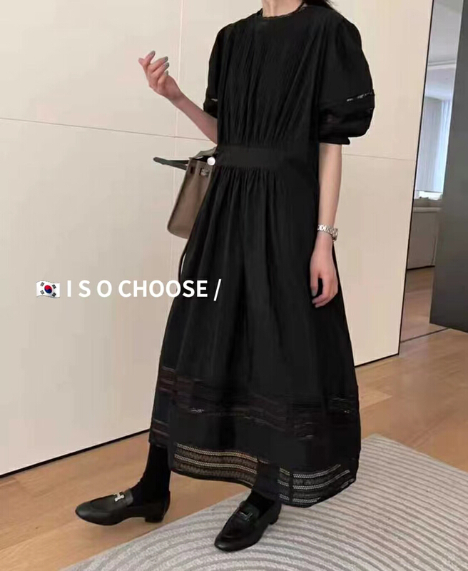 [ISO Korean] French waist closing lace edge mid length dress 3111\hjy