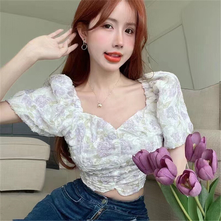 [x.xan] Korean printed square neck bubble sleeve short shirt 7357\pcz