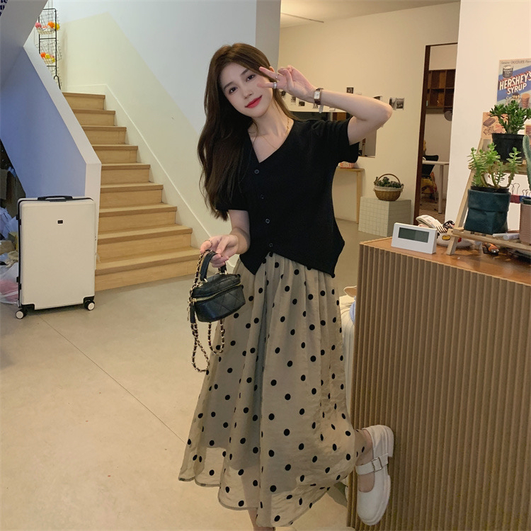 [y.jia EJA] simple and versatile short sleeve dotted skirt suit 9539