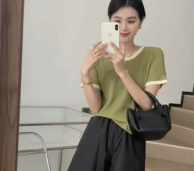 [Qiqi clothing house] comfortable and versatile contrast color T-shirt 6633\xyy