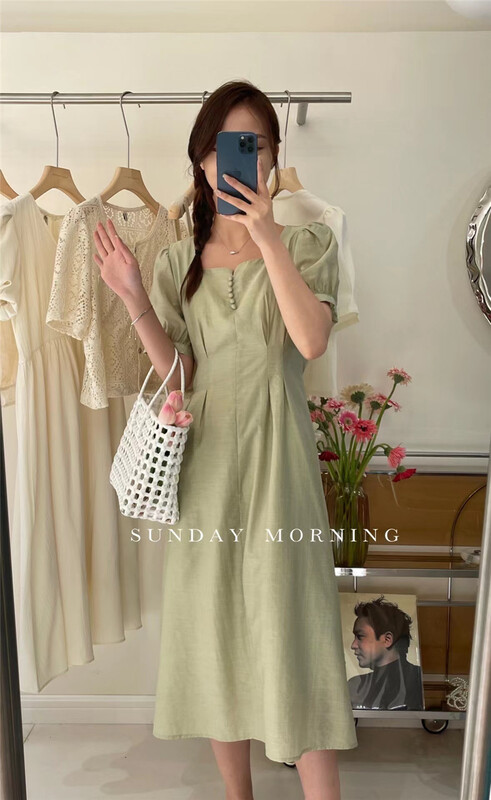 [Sunday morning] clean style square neck bubble sleeve dress 9175\zjy