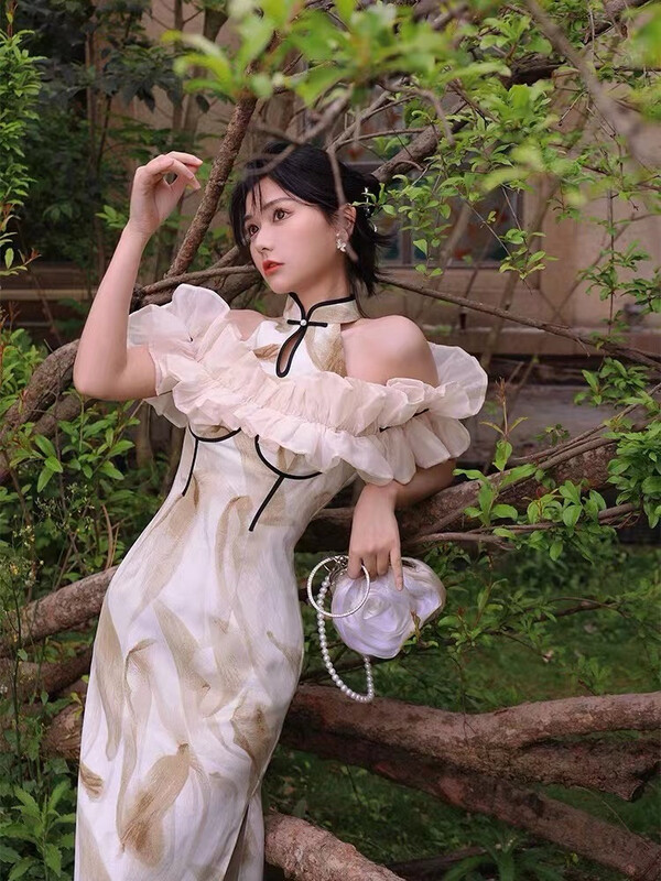 [little woman] stand collar womanly printed chiffon medium length dress 22193\pcz