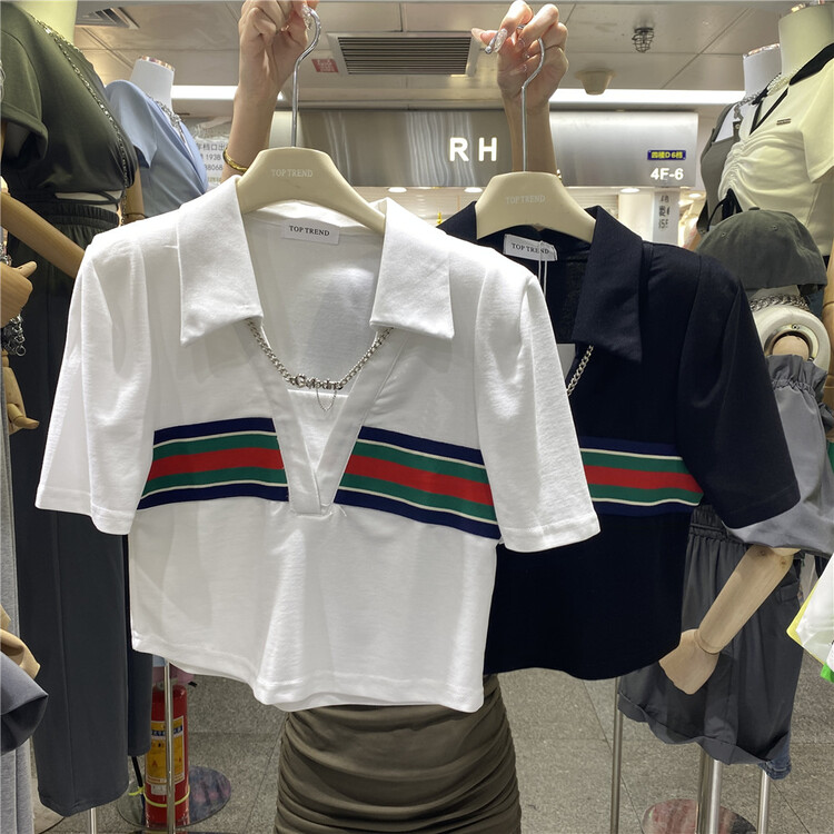 [top] fashion chain stripe Lapel short sleeve T-shirt (chain can not be removed) 9261\zjy