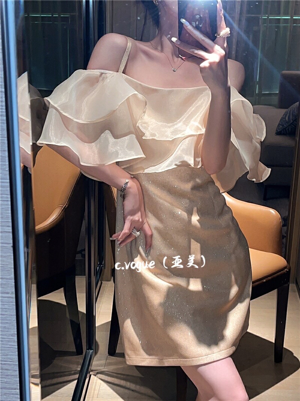 [c.vogue] celebrity temperament Sequin suspender off shoulder dress (dress only) 3868\pcz