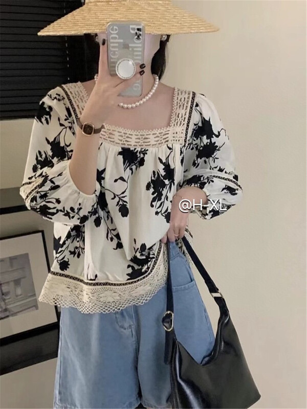 [h-xl] square neck fashion Korean shirt 3696\ll