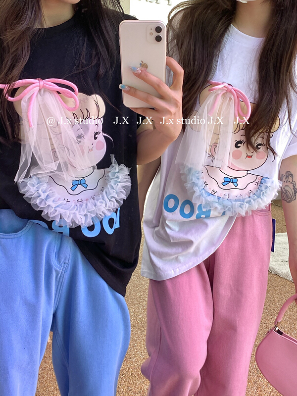 [JX] Korean screen loose pattern printed short sleeve T-shirt 1095\wtt