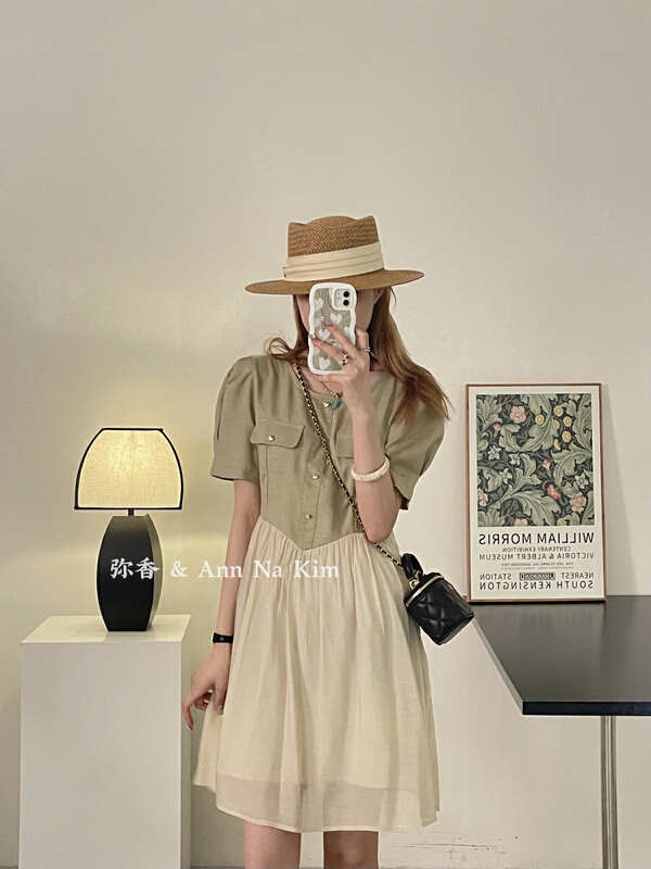 [Mi Xiang] French Hepburn patchwork dress (with waist rope) 5362\hjy