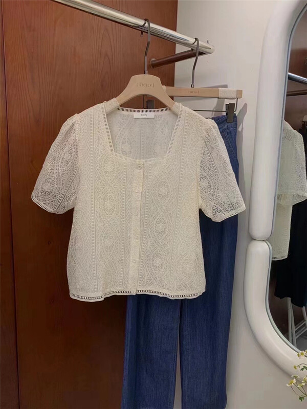 [bestie] Korean version lady Crocheted square collar shirt 1391\hjy