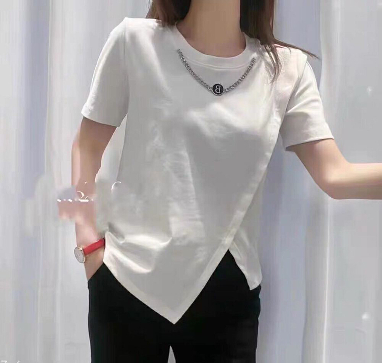 [ZY] personalized and versatile short sleeve T-shirt with slit (with removable chain) 005\ll