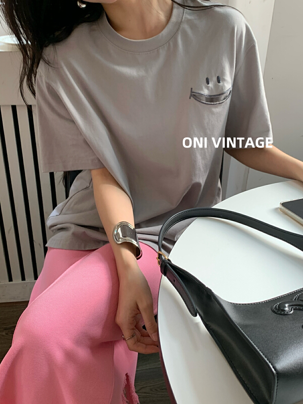 [onivinage oni] smiley face embroidery simple short sleeve T-shirt ud222t4884