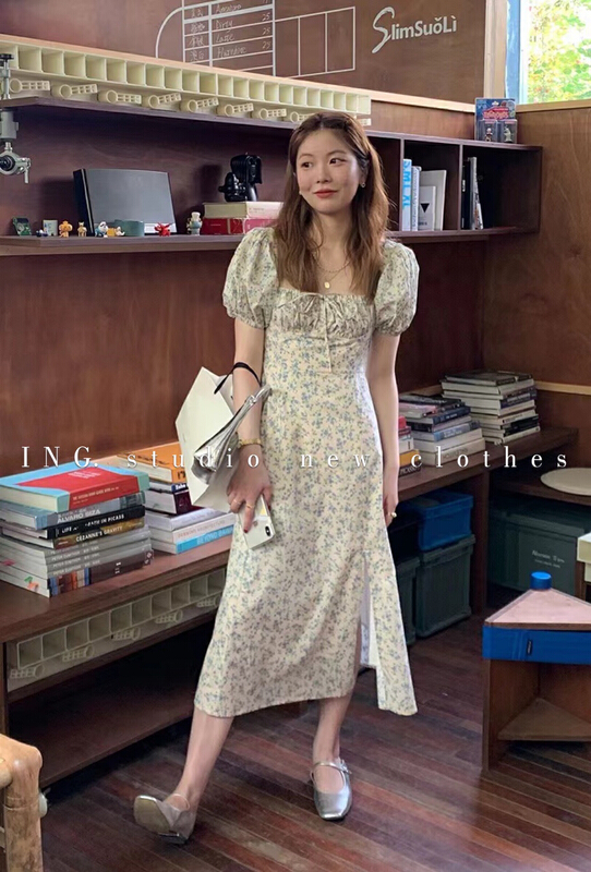 [ing] off shoulder design leaf Decor dress long hem side slit ing-9107