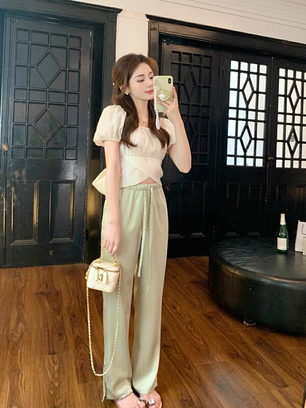 [Amanda] gentle bow tie tie shirt + pure color casual pants set 9630\pcz