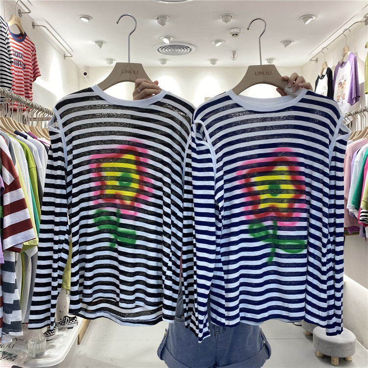 [muzijia] leisure simple halo dyed flower printed long sleeve T-shirt 66978\xyy