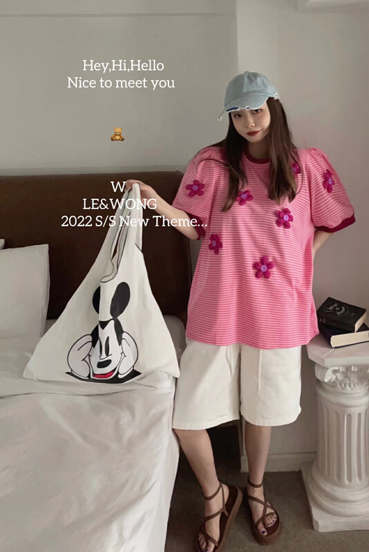 [le&wong] classic stripe solid flower short sleeve T-shirt loose short sleeve top 9822