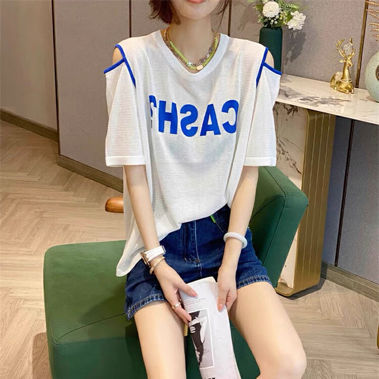 [huole] Korean summer 2022 round neck loose off shoulder lettering color blocking ice silk fashion versatile T-shirt 0502\wtt