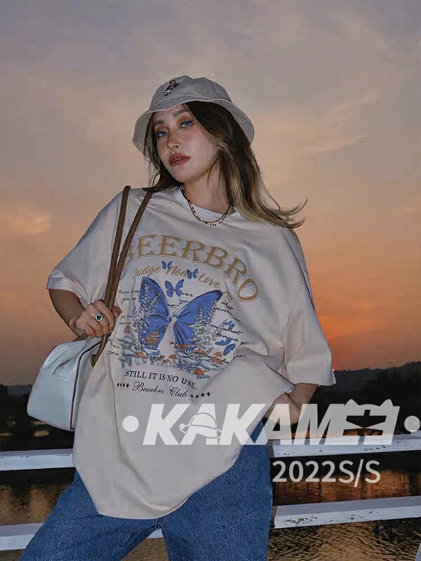 [kakamee] American retro butterfly printed loose short sleeve T-shirt 5052