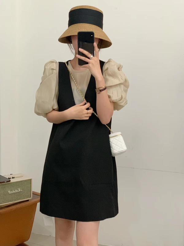 [Daidai] Korean style bubble sleeve blouse +v-neck thin dress suit (only suit) ys4717\hbx