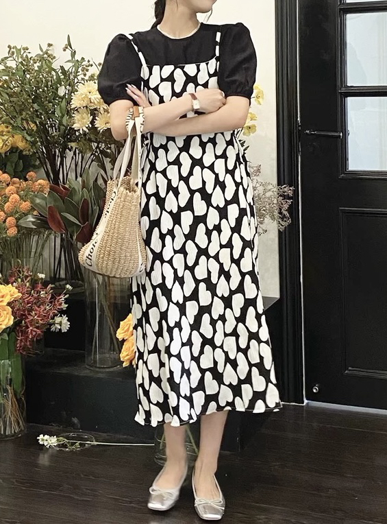 [JH] net Red Lantern Sleeve Short Sleeve Top + love suspender dress suit (suit only) 41991\pcz