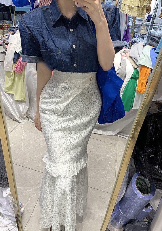 [meet] shoulder pad denim shirt + lace elastic fishtail skirt set 5221\wtt