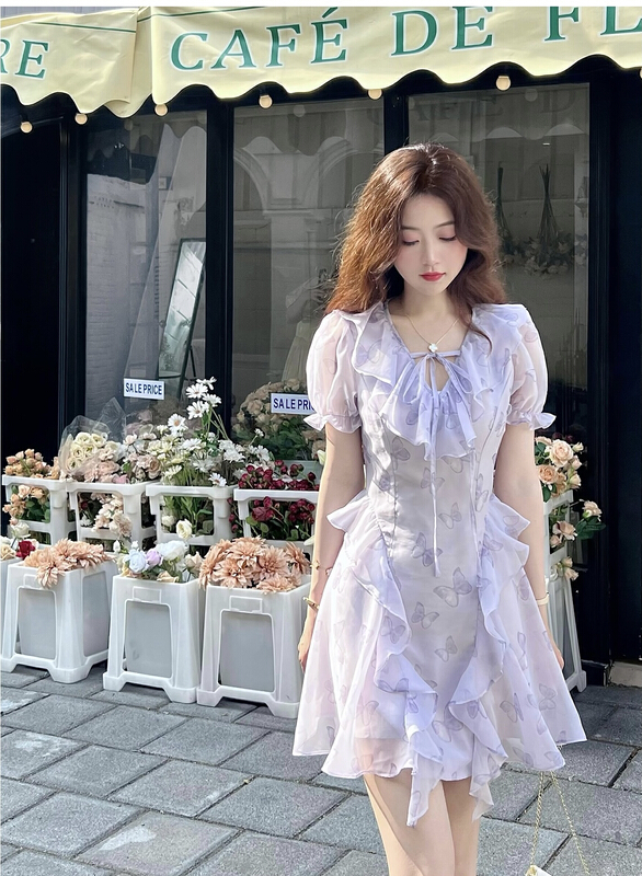 [savage] French retro V-neck tie bow irregular Ruffle Dress e8315\wpl