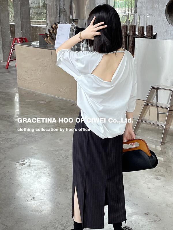 [gracetina Hoo] niche adjustable ribbon decoration back swing collar hollow out design lazy loose short sleeve T-shirt t6197