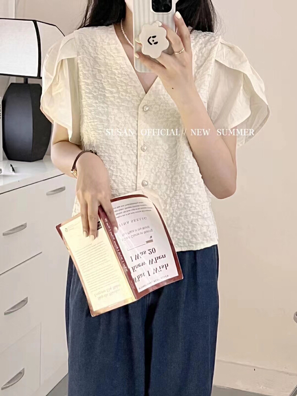 [Susan] V-neck fresh and simple shirt 18991\lsw