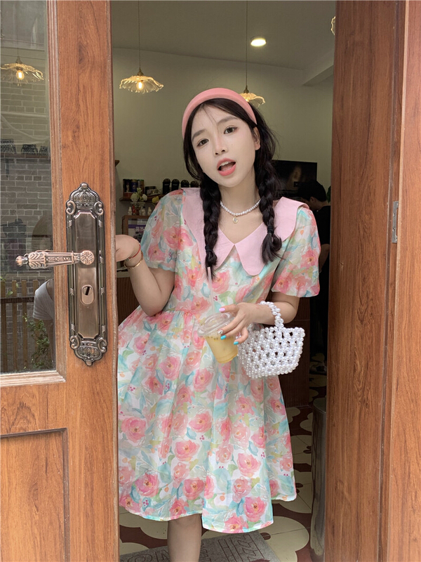 [dolly] sweet printed bubble sleeve baby collar dress 5874\pcz