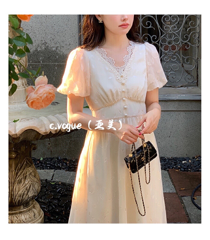 [c.vogue] French soft lace splicing waist closing dress 3872\pcz