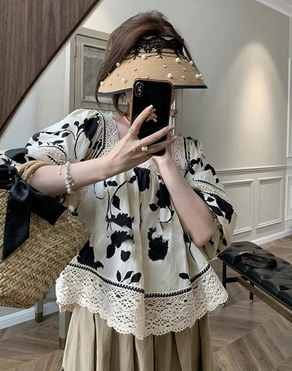 [JH] idyllic floral Lantern Sleeve stitched blouse (only selling tops) 42027\pcz