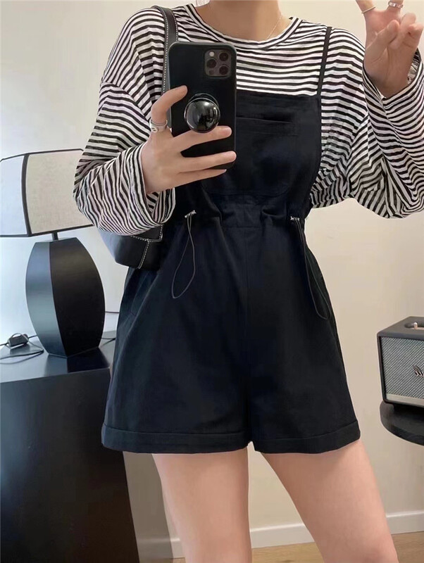 [OIT] round neck stripe contrast long sleeve T-shirt + drawcord waist strap Pants Set 9175\hbx