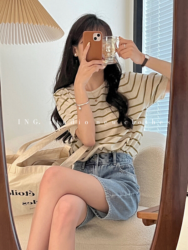 In early summer! [ing] casual simple round neck stripe T-shirt w3327\zsy