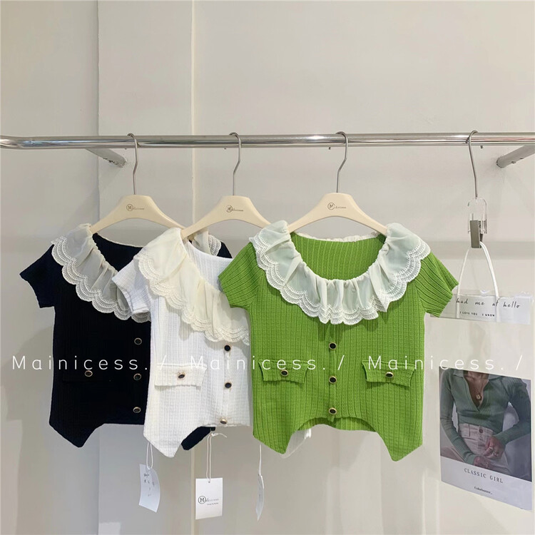 【MAINICESS】法式拼色荷葉邊修身顯瘦短款小衫  88009#  CLS