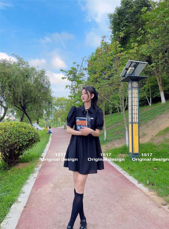 [1517] solid short sleeve Pleated Dress (with tie) gh6235\zjy