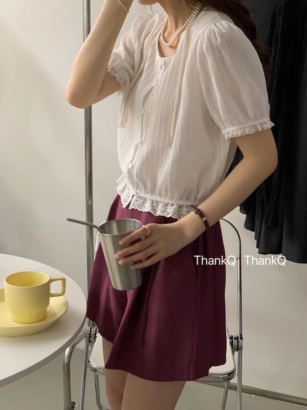 [thankq] Korean style versatile lace shirt 6910\zjy