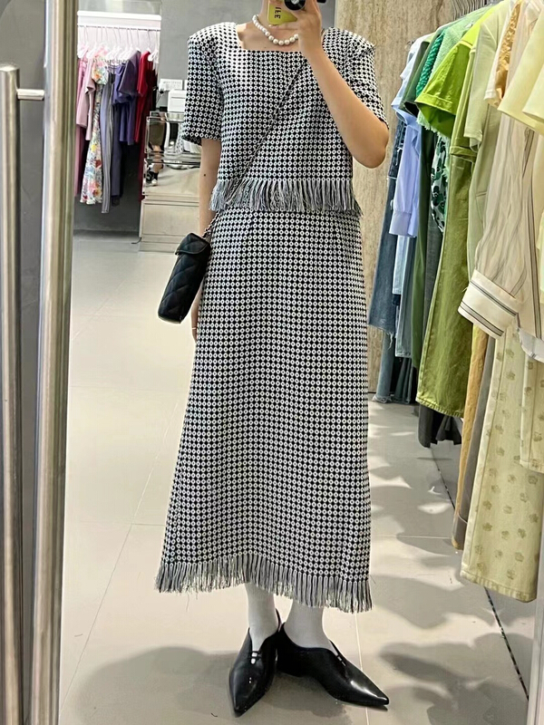 [MI] retro square collar tassel shirt + slim skirt two piece suit 9659\pcz
