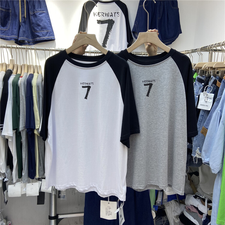 [left embroidery] round neck color blocking comfortable short sleeve T-shirt 7606\l