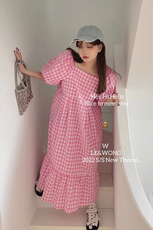 [le&wong] pastoral aging retro Lantern Sleeve Plaid Dress sub dress 8950
