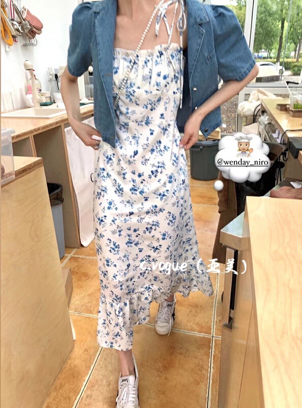 [c.vogue] Korean high-grade floral suspender dress + temperament Lantern Sleeve denim suit ys1-3909\pcz