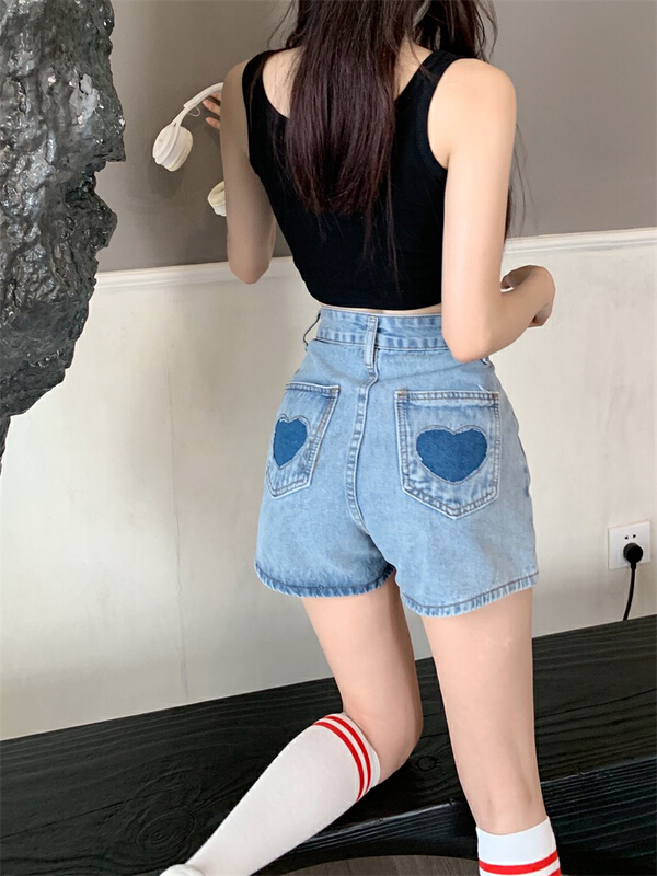 [vitality YDY] Hong Kong style retro love high waist denim shorts 91042\lsw