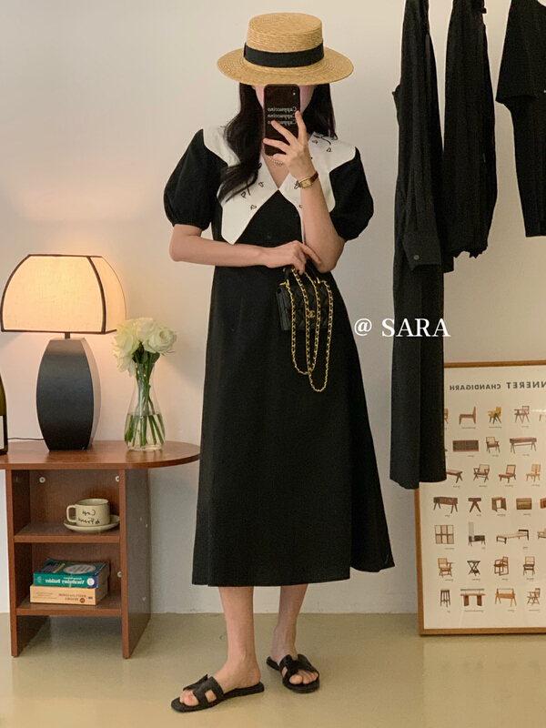 [Sara] French large lapel embroidered contrast dress 90063\lwy