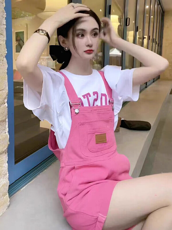 [Kiki studio] sweet aging pink suspenders + letter printed short sleeve T-shirt set 6111\hjy