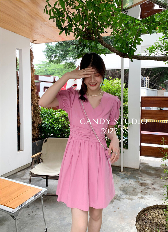 [candy] V-neck solid color waist closing temperament sweet dress (with bag) ys1-9097\zjy