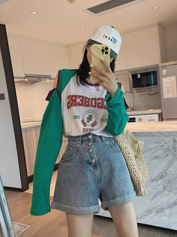 [blue show] simple casual letter printed off shoulder long sleeve T-shirt 8173\lsw