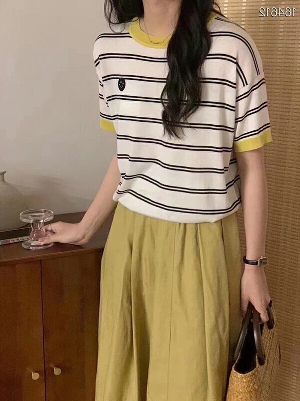 [f · P] round neck short sleeve color blocked smiling face Tencel aging T-shirt 45615\hbx