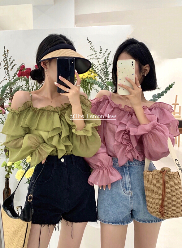 [lemon green tea] Korean off shoulder Ruffle shirt 2223\hjy