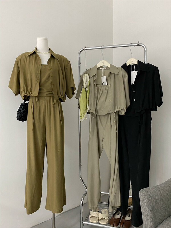[OA] casual simple solid color short shirt + casual simple comfortable Jumpsuit set 1501\xyy