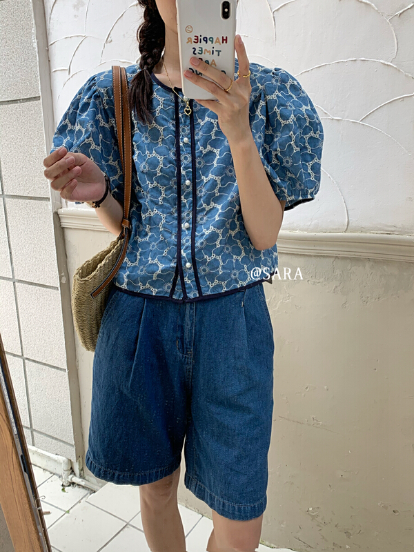 [Sara] Korean retro embroidered flower shirt 18033