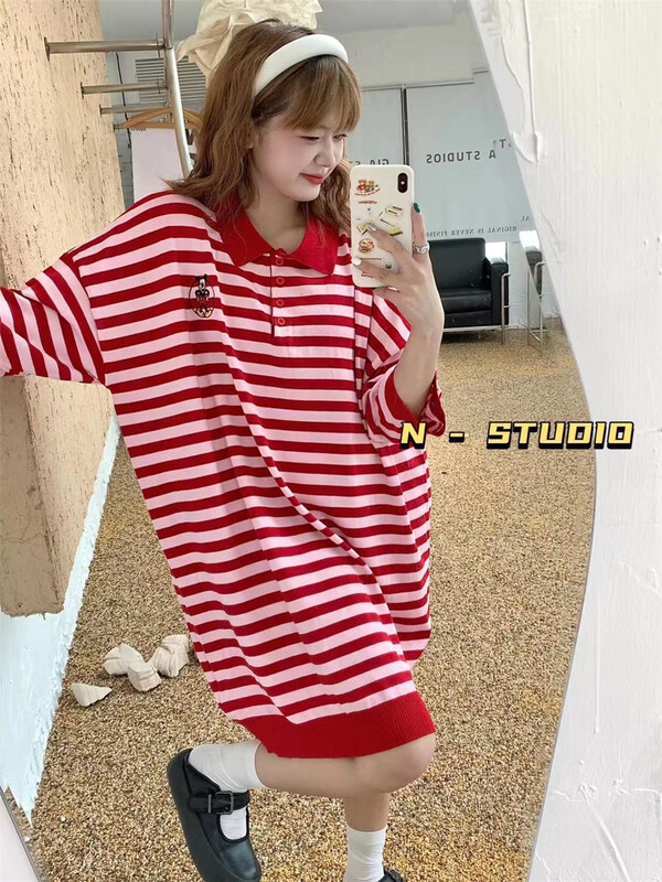 【N】 Simple casual polo collar stripe cartoon embroidered dress m0226\wtt